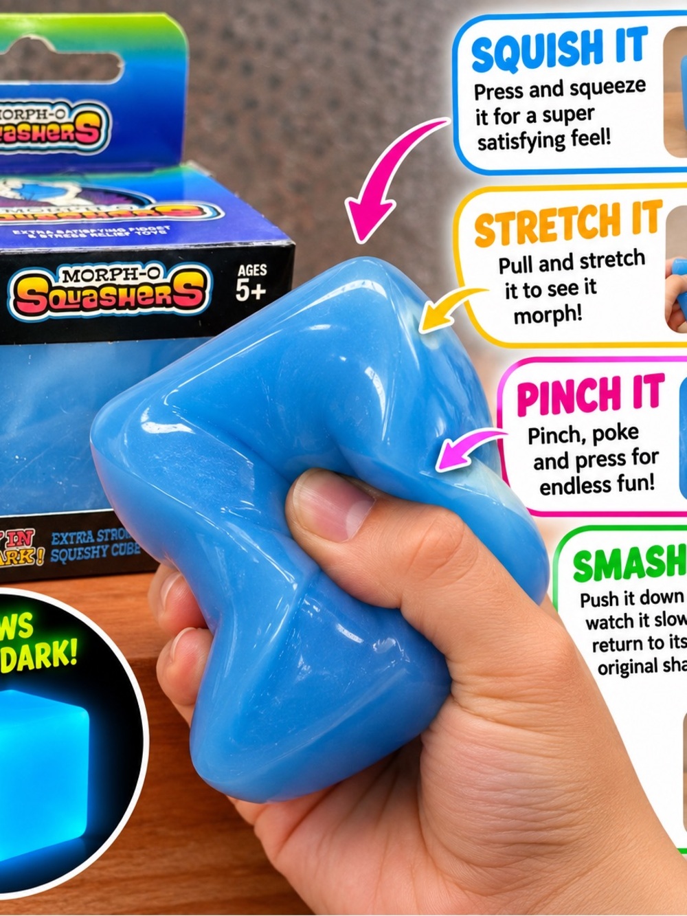 Morph-O Squashers Glow In The Dark Extra Strong Squishy Cube Blue